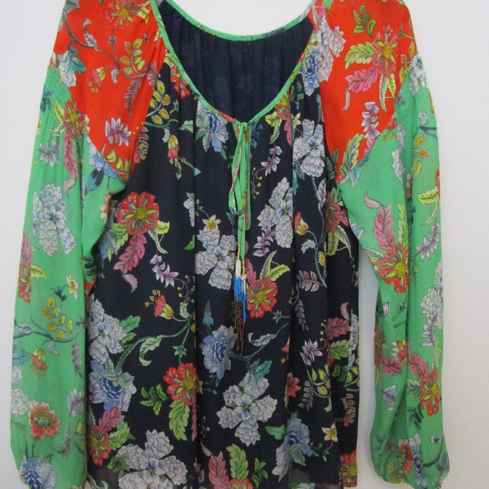Rayon Floral Patchwork Peasant Blouse Top Hortensia
